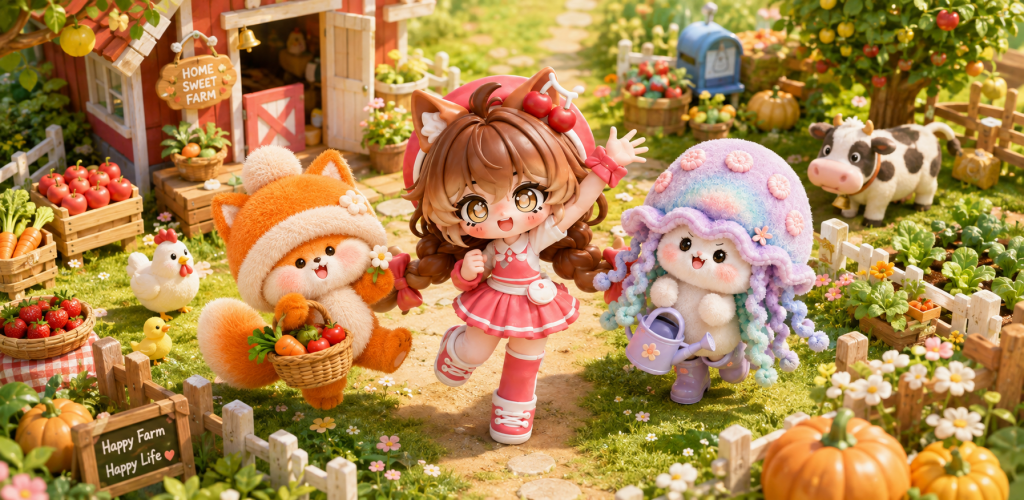 哇咕星星的阳光农场中，女孩与两位伙伴一起劳作